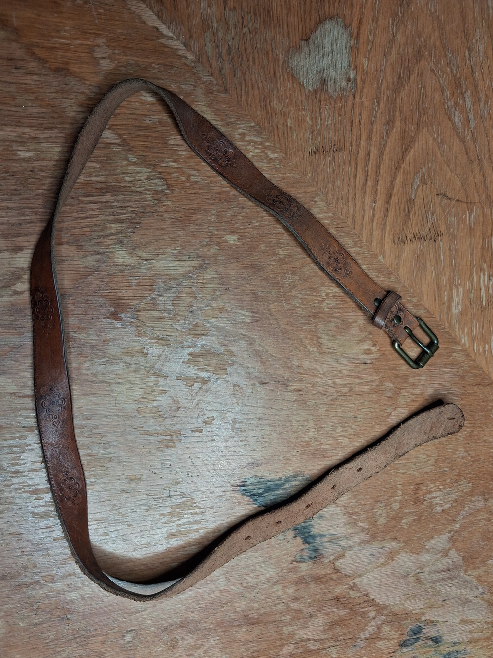 Banana Republic Brown Leather Floral Tooled Belt with Brass Buckle